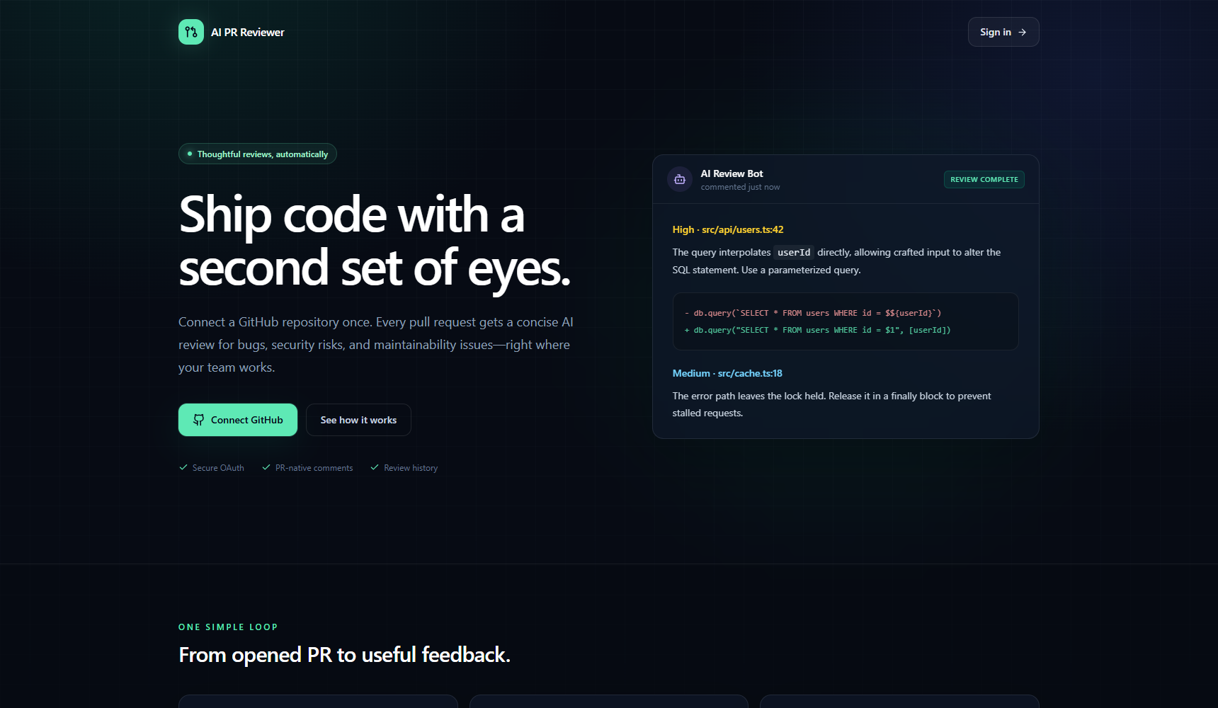 AI PR Reviewer landing page with security findings and suggested fixes