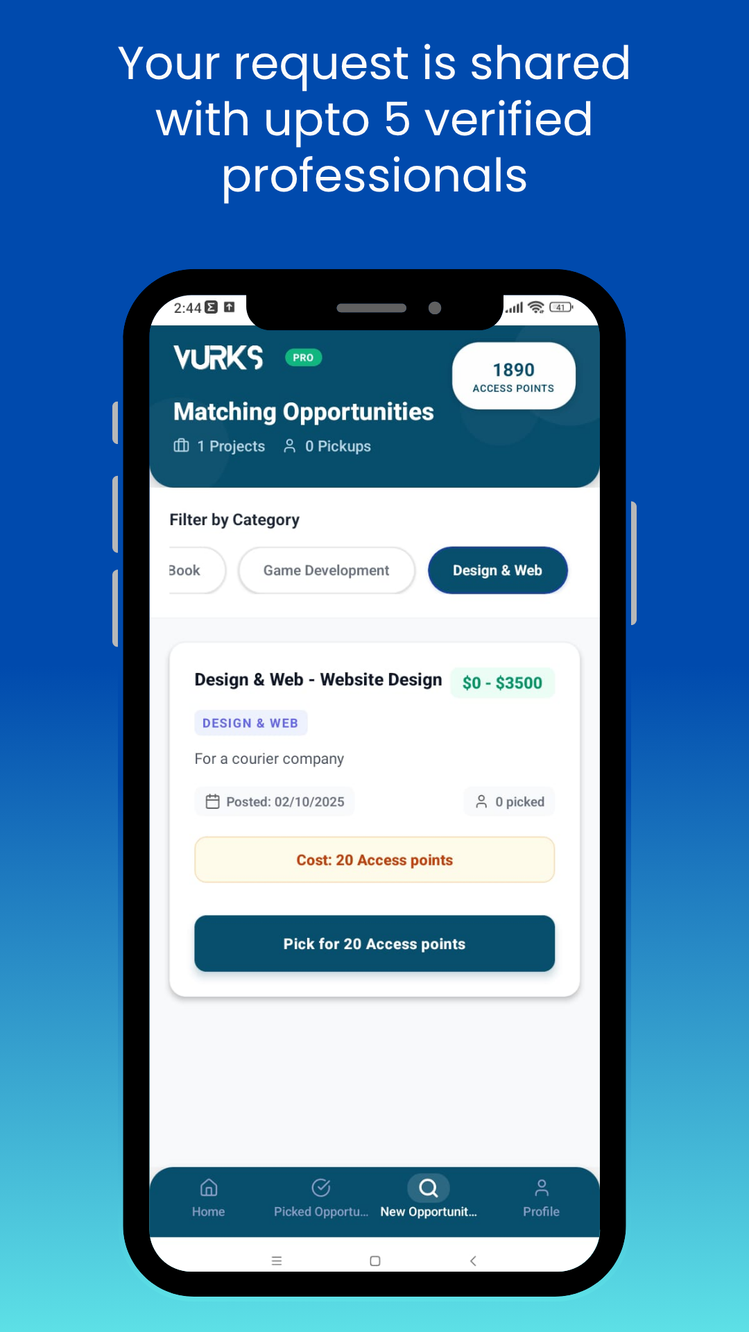 Vurks mobile app screen showing service opportunities available to providers