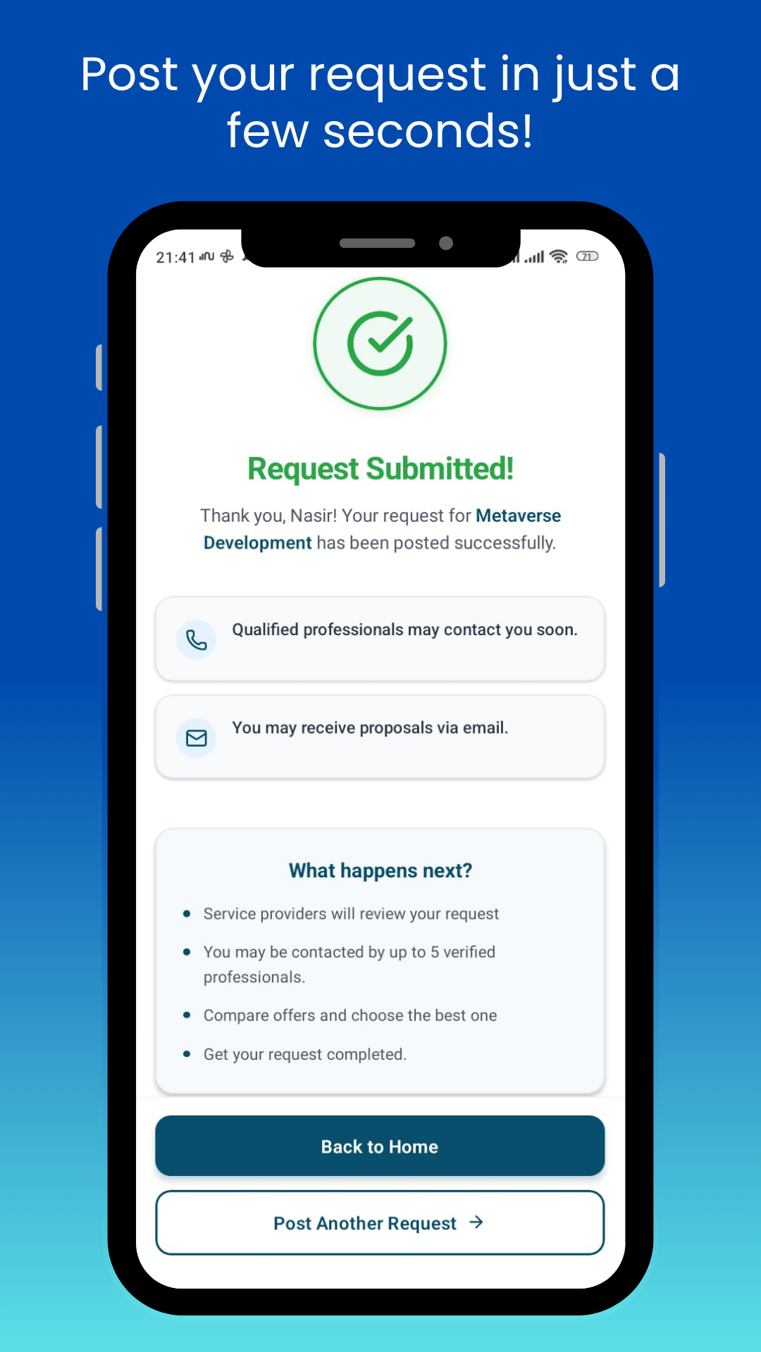 Vurks mobile app screen confirming that a customer service request was submitted